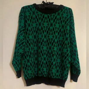 Vintage 1980s Green and Black Geometric Knit Sweater